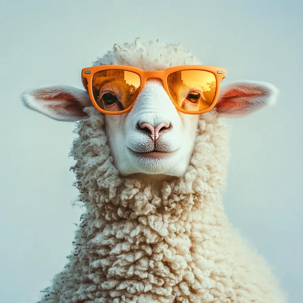 Schaf mit oranger Brille